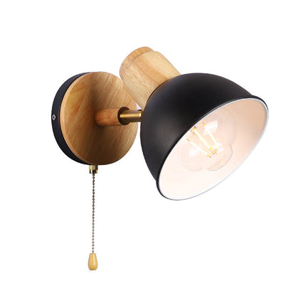 Nordic Iron Wood Round Bowl Zipper 1-Light Wall Sconce Lamp