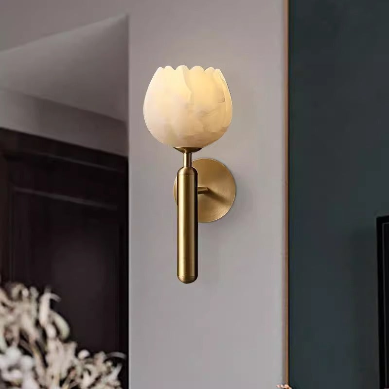 Chinese Copper Marble Flower Bud 1-Light Wall Sconce Lamp