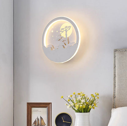 Iron Silica Round Moon Deer Pine Tree LED Wall Sconce Lamp