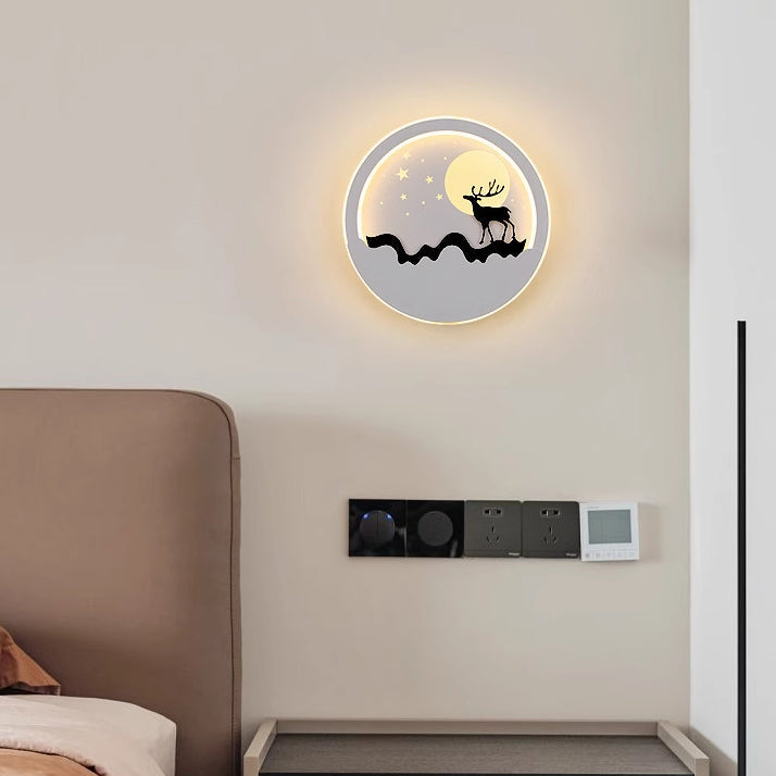 Iron Silica Round Moon Deer Pine Tree LED Wall Sconce Lamp