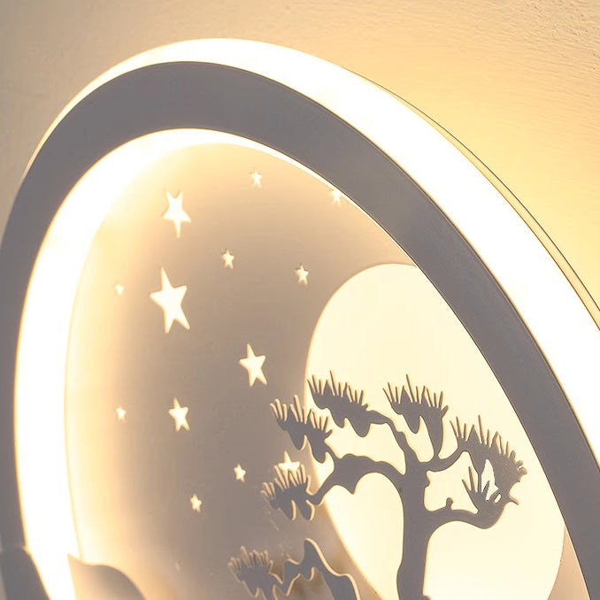 Iron Silica Round Moon Deer Pine Tree LED Wall Sconce Lamp