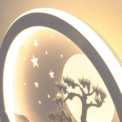 Iron Silica Round Moon Deer Pine Tree LED Wall Sconce Lamp