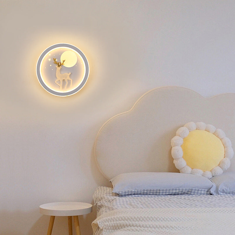 Iron Silica Round Moon Deer Pine Tree LED Wall Sconce Lamp