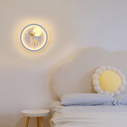 Iron Silica Round Moon Deer Pine Tree LED Wall Sconce Lamp