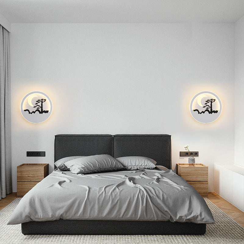 Iron Silica Round Moon Deer Pine Tree LED Wall Sconce Lamp