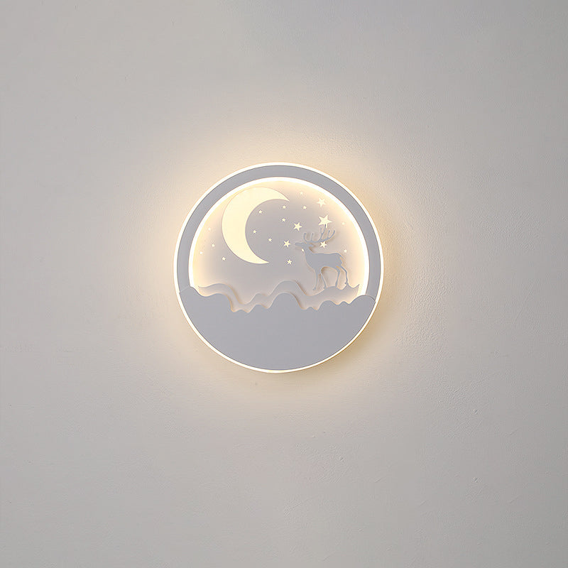 Iron Silica Round Moon Deer Pine Tree LED Wall Sconce Lamp