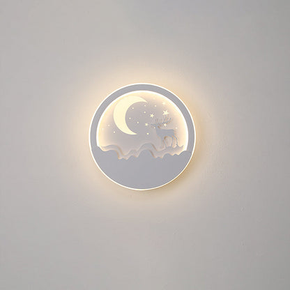 Iron Silica Round Moon Deer Pine Tree LED Wall Sconce Lamp