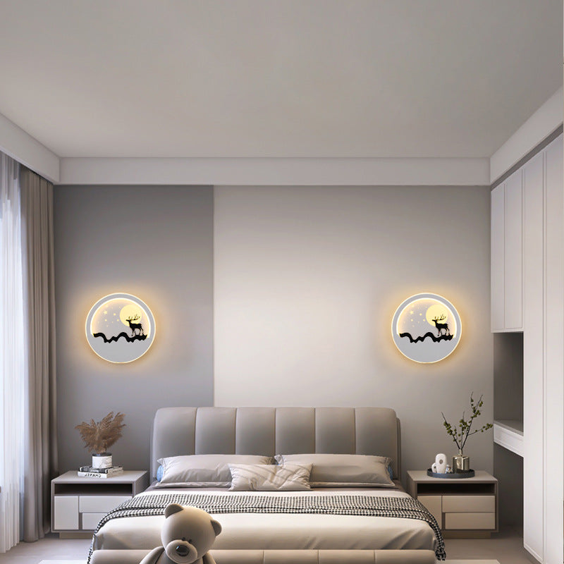 Iron Silica Round Moon Deer Pine Tree LED Wall Sconce Lamp
