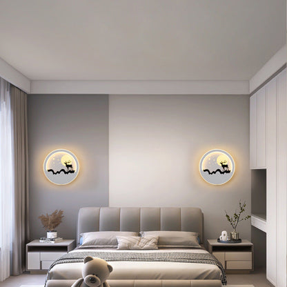 Iron Silica Round Moon Deer Pine Tree LED Wall Sconce Lamp