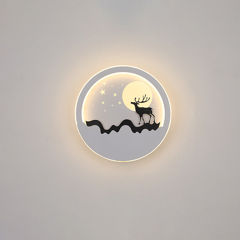 Iron Silica Round Moon Deer Pine Tree LED Wall Sconce Lamp