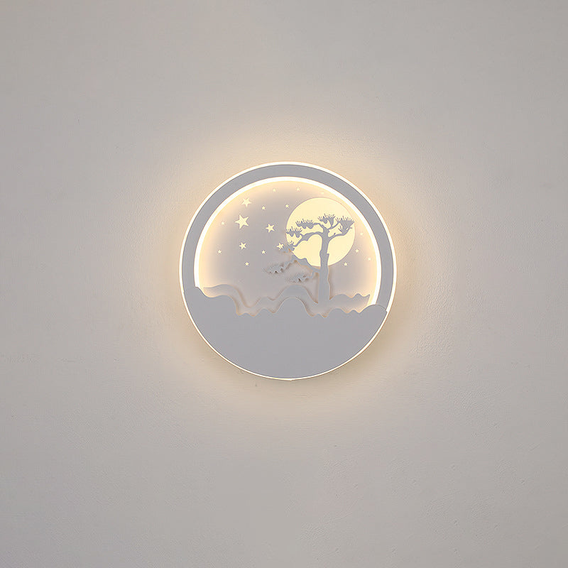 Iron Silica Round Moon Deer Pine Tree LED Wall Sconce Lamp