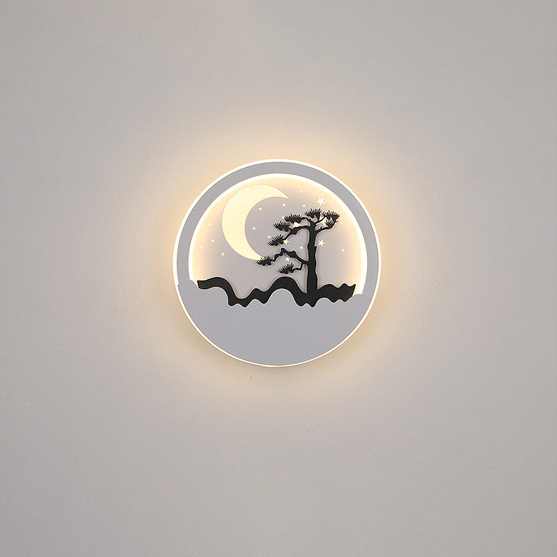 Iron Silica Round Moon Deer Pine Tree LED Wall Sconce Lamp