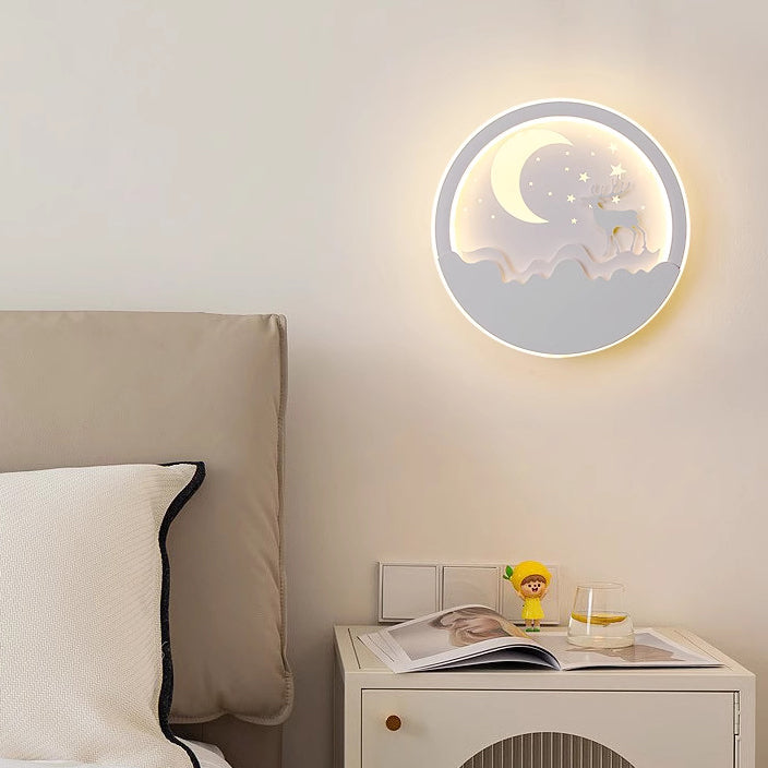 Iron Silica Round Moon Deer Pine Tree LED Wall Sconce Lamp
