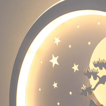 Iron Silica Round Moon Deer Pine Tree LED Wall Sconce Lamp