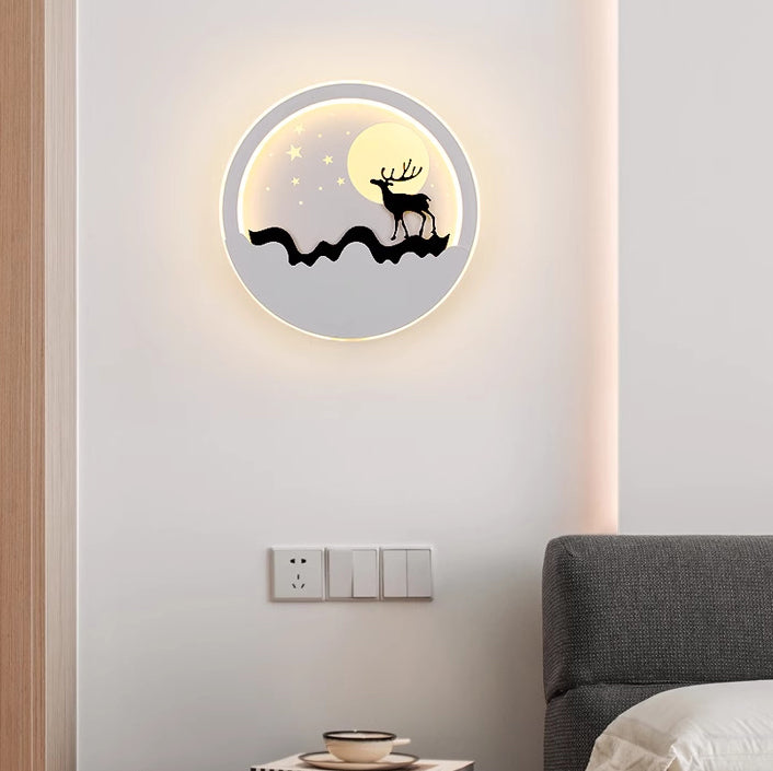 Iron Silica Round Moon Deer Pine Tree LED Wall Sconce Lamp
