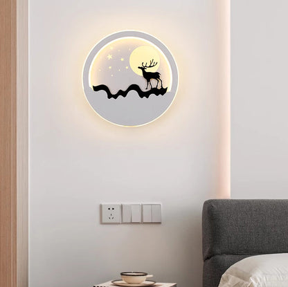 Iron Silica Round Moon Deer Pine Tree LED Wall Sconce Lamp