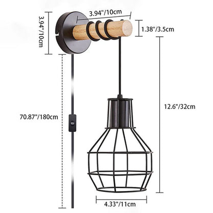 Industrial Metal Wood Cage Grenade 1-Light Wall Sconce Lamp