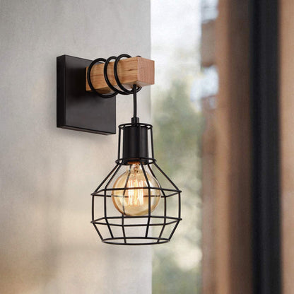 Industrial Metal Wood Cage Grenade 1-Light Wall Sconce Lamp