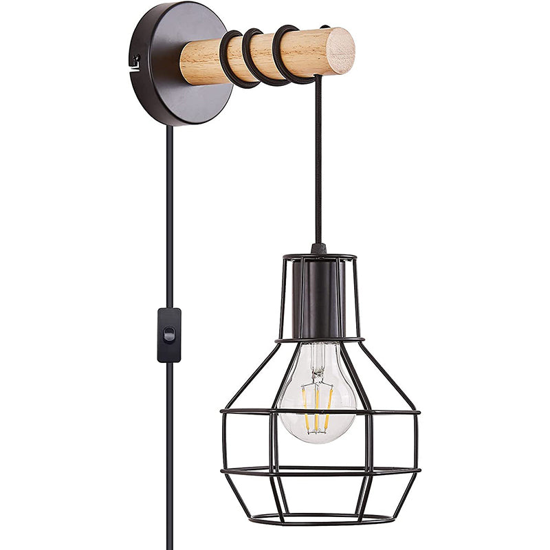Industrial Metal Wood Cage Grenade 1-Light Wall Sconce Lamp