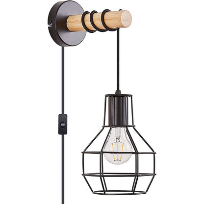 Industrial Metal Wood Cage Grenade 1-Light Wall Sconce Lamp
