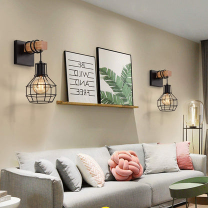 Industrial Metal Wood Cage Grenade 1-Light Wall Sconce Lamp