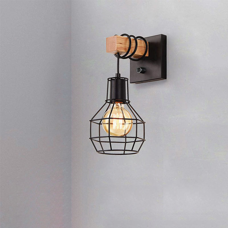 Industrial Metal Wood Cage Grenade 1-Light Wall Sconce Lamp