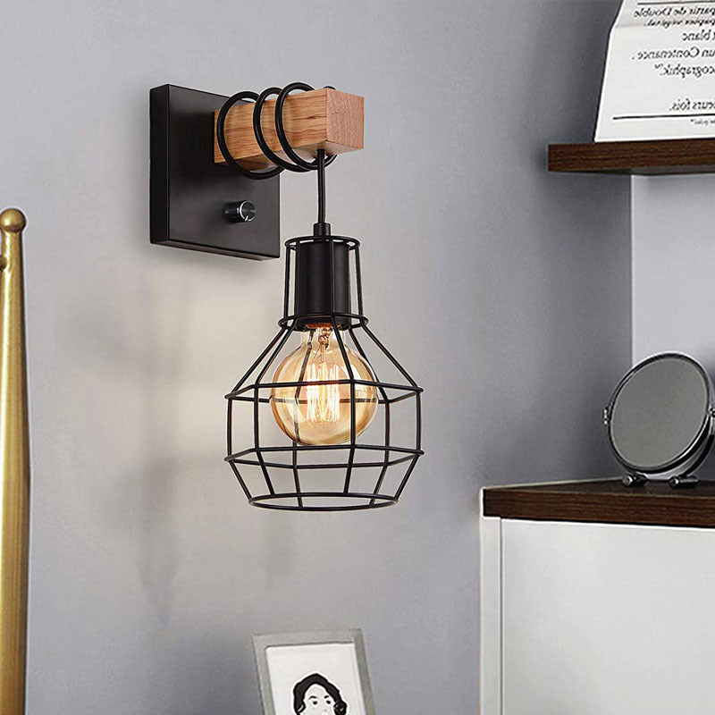 Industrial Metal Wood Cage Grenade 1-Light Wall Sconce Lamp
