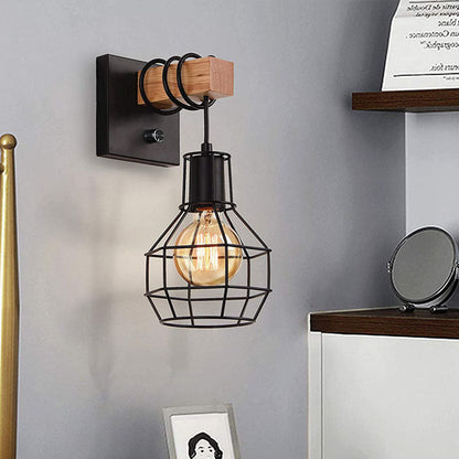 Industrial Metal Wood Cage Grenade 1-Light Wall Sconce Lamp