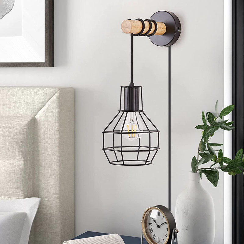 Industrial Metal Wood Cage Grenade 1-Light Wall Sconce Lamp