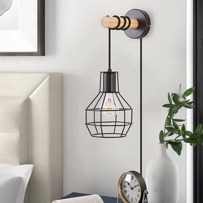 Industrial Metal Wood Cage Grenade 1-Light Wall Sconce Lamp