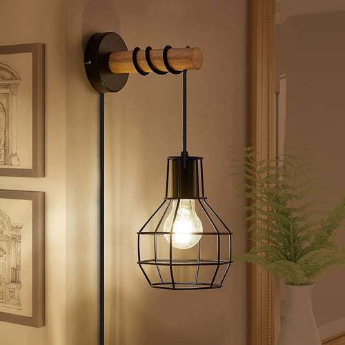 Industrial Metal Wood Cage Grenade 1-Light Wall Sconce Lamp