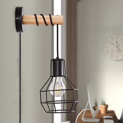 Industrial Metal Wood Cage Grenade 1-Light Wall Sconce Lamp