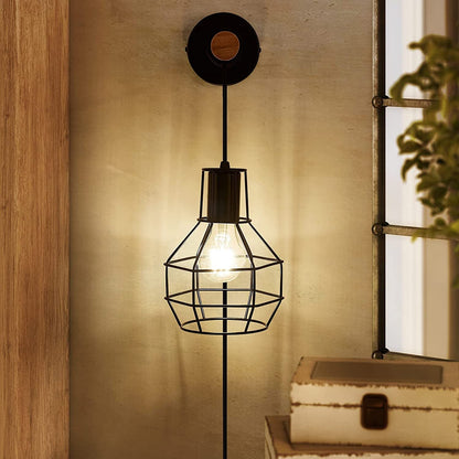 Industrial Metal Wood Cage Grenade 1-Light Wall Sconce Lamp