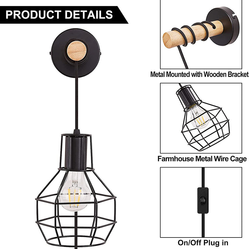 Industrial Metal Wood Cage Grenade 1-Light Wall Sconce Lamp