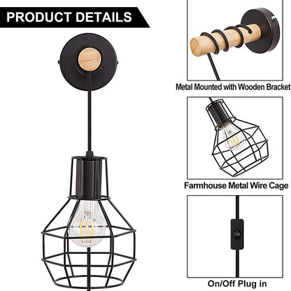 Industrial Metal Wood Cage Grenade 1-Light Wall Sconce Lamp