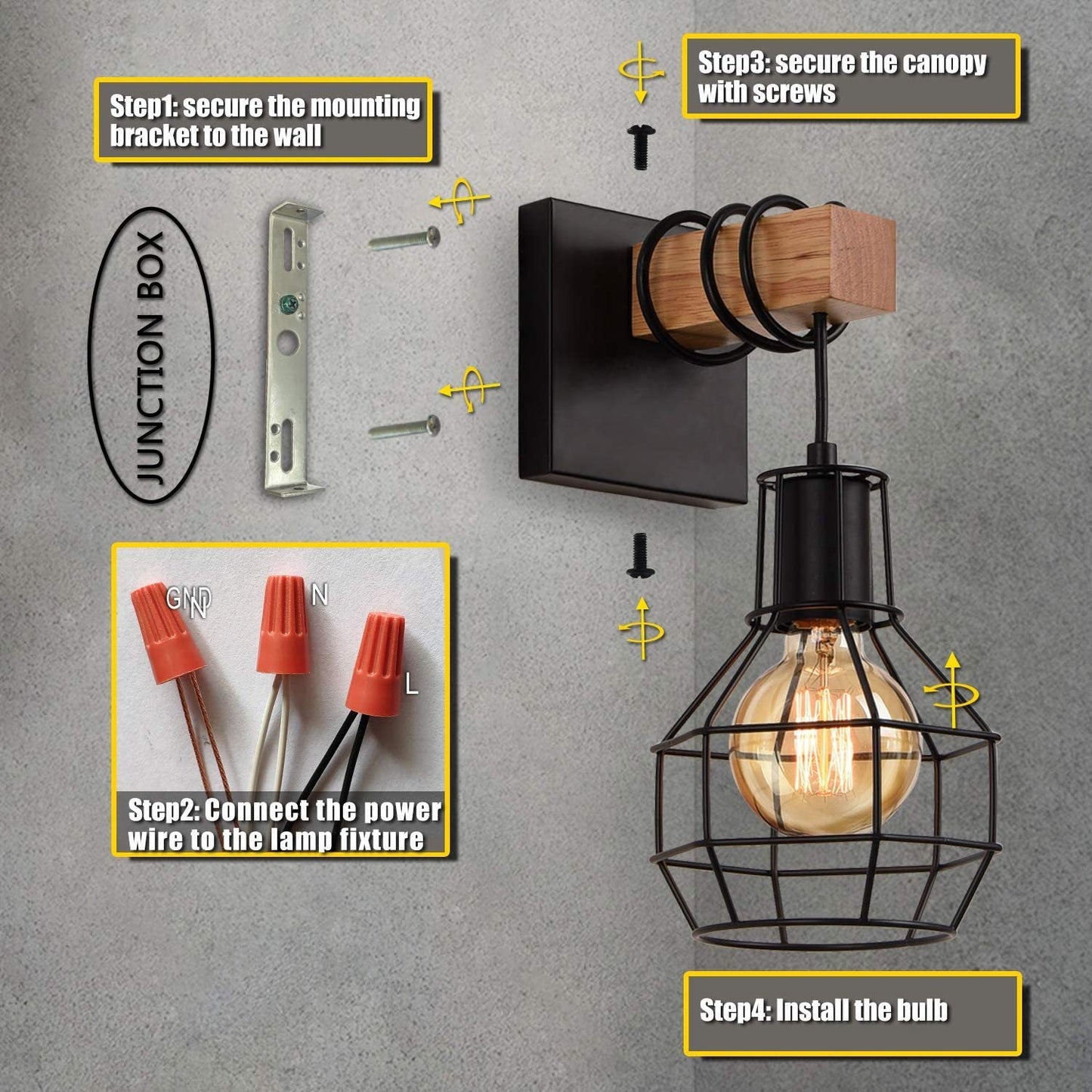 Industrial Metal Wood Cage Grenade 1-Light Wall Sconce Lamp