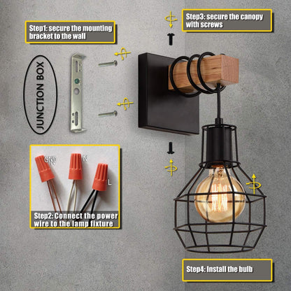 Industrial Metal Wood Cage Grenade 1-Light Wall Sconce Lamp