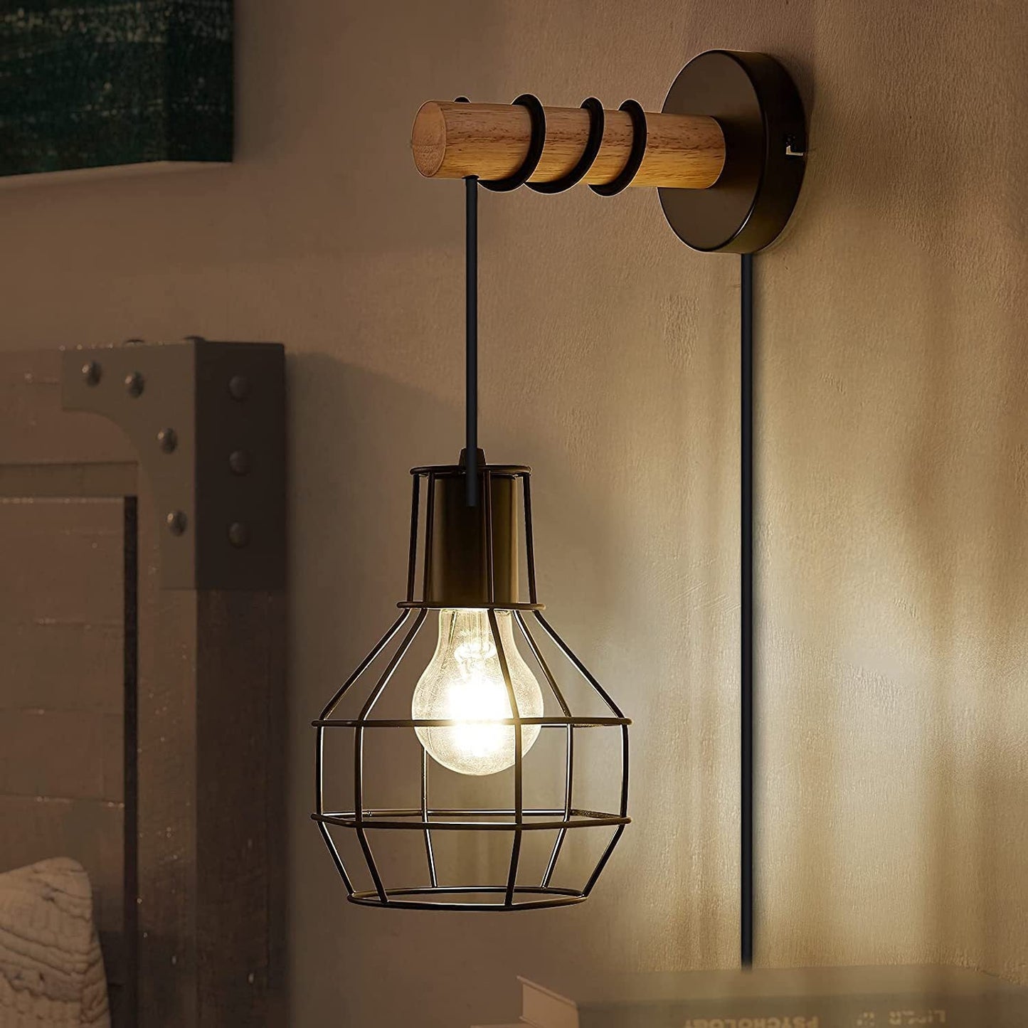 Industrial Metal Wood Cage Grenade 1-Light Wall Sconce Lamp