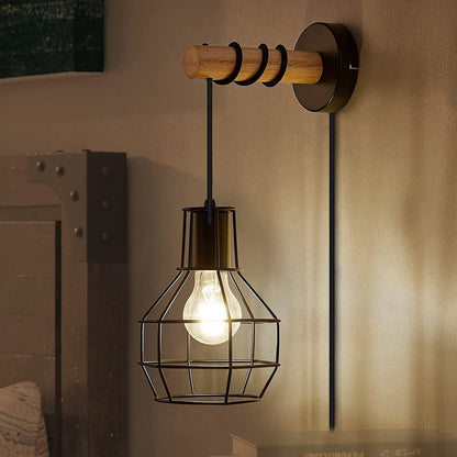 Industrial Metal Wood Cage Grenade 1-Light Wall Sconce Lamp