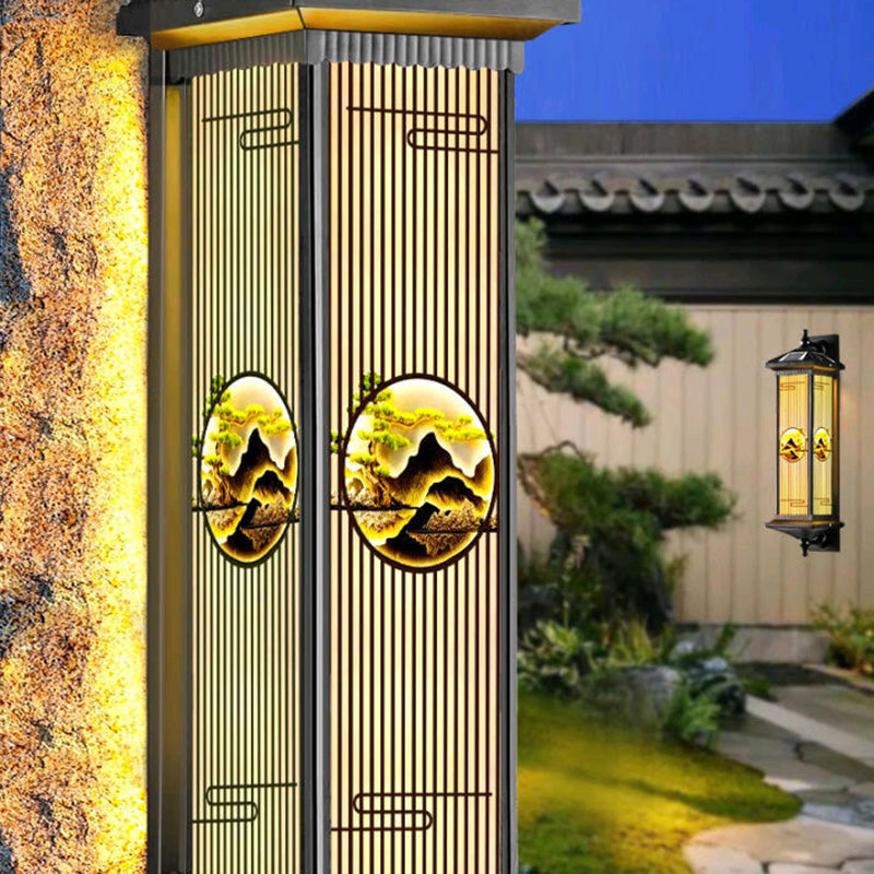 Chinese Glass Landscape Cylinder LED Wall Sconce Lamp