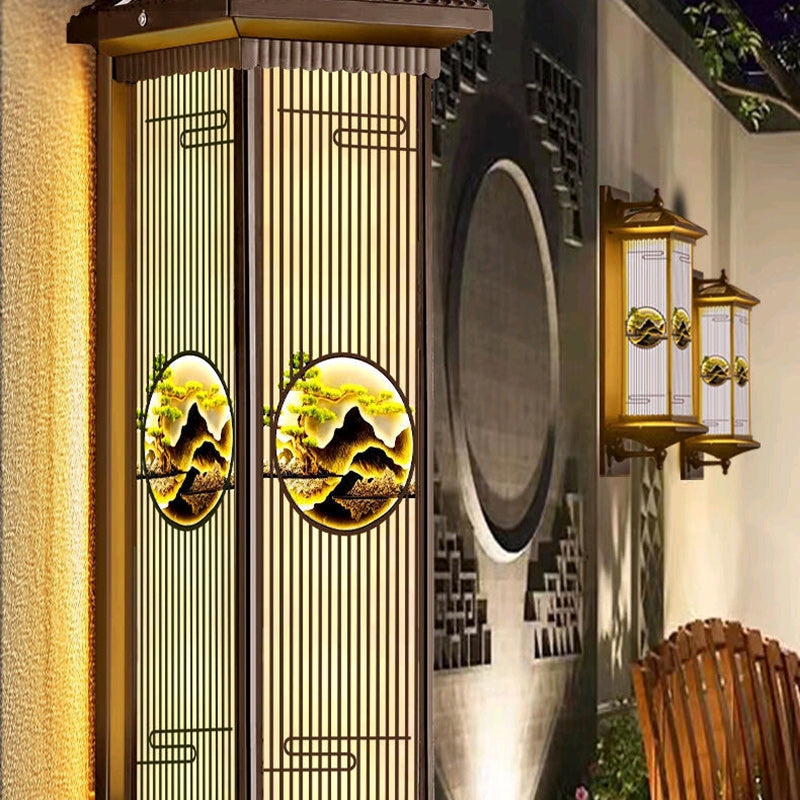 Chinese Glass Landscape Cylinder LED Wall Sconce Lamp