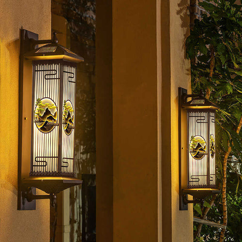 Chinese Glass Landscape Cylinder LED Wall Sconce Lamp