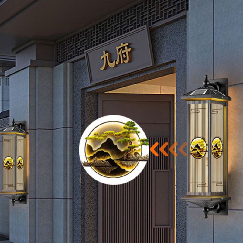 Chinese Glass Landscape Cylinder LED Wall Sconce Lamp