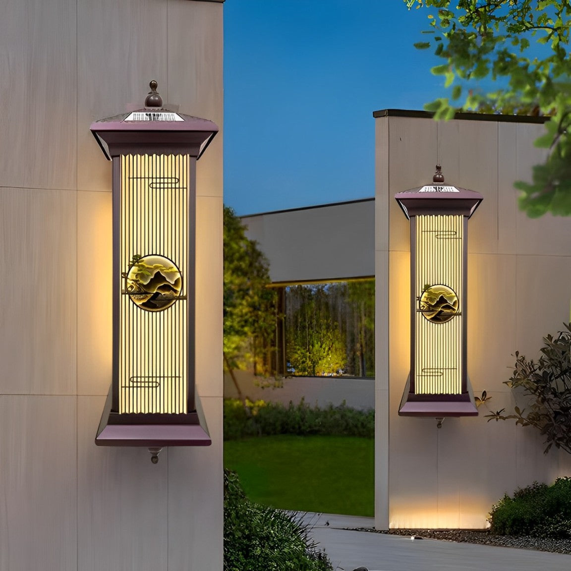 Chinese Glass Landscape Cylinder LED Wall Sconce Lamp