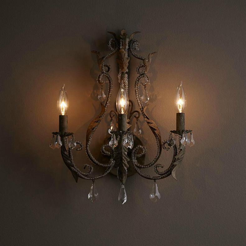 French Crystal Candlestick Holder 3-Light Wall Sconce Lamp