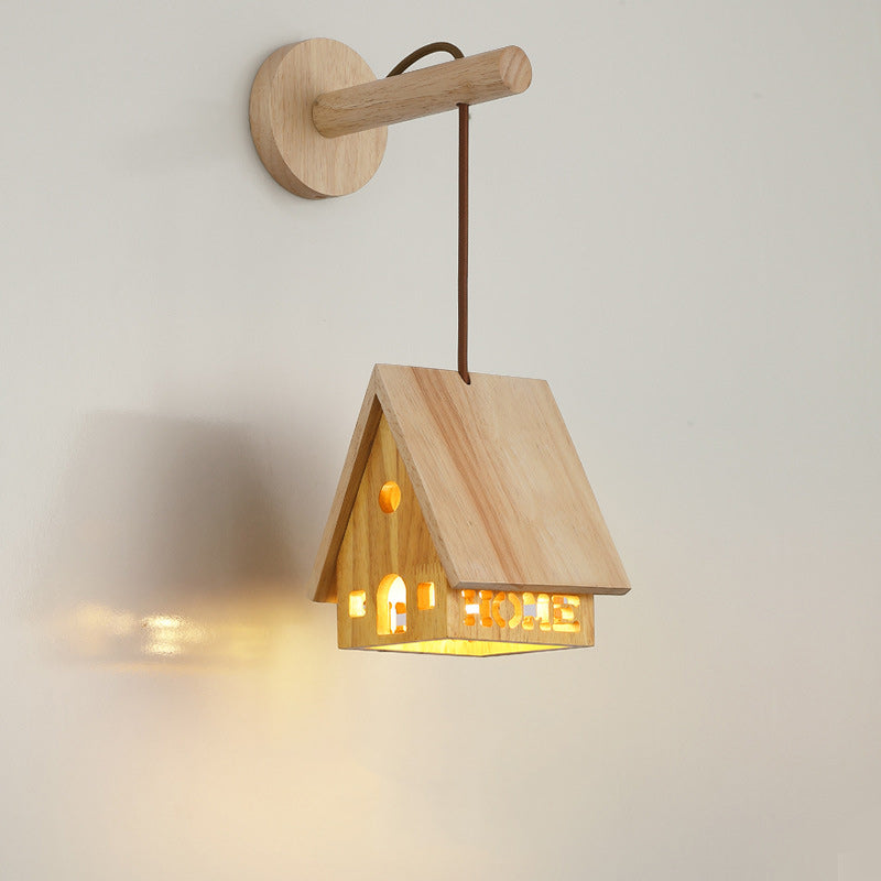 Japanese Solid Wood House Hollowed 1-Light Wall Sconce Lamp