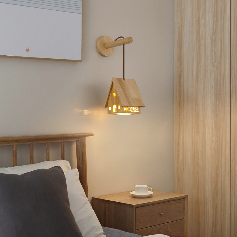 Japanese Solid Wood House Hollowed 1-Light Wall Sconce Lamp