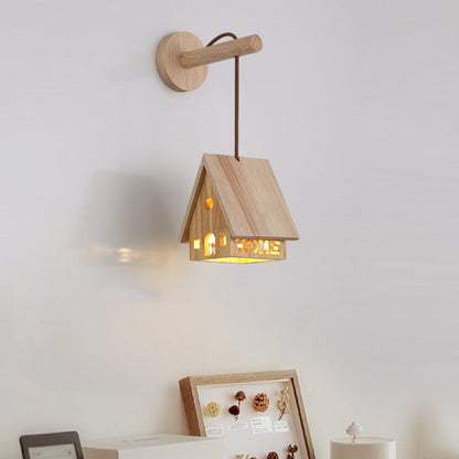 Japanese Solid Wood House Hollowed 1-Light Wall Sconce Lamp