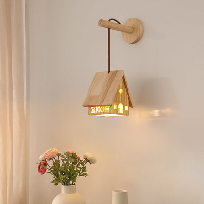 Japanese Solid Wood House Hollowed 1-Light Wall Sconce Lamp