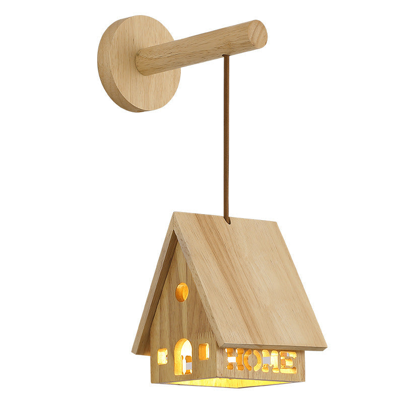 Japanese Solid Wood House Hollowed 1-Light Wall Sconce Lamp
